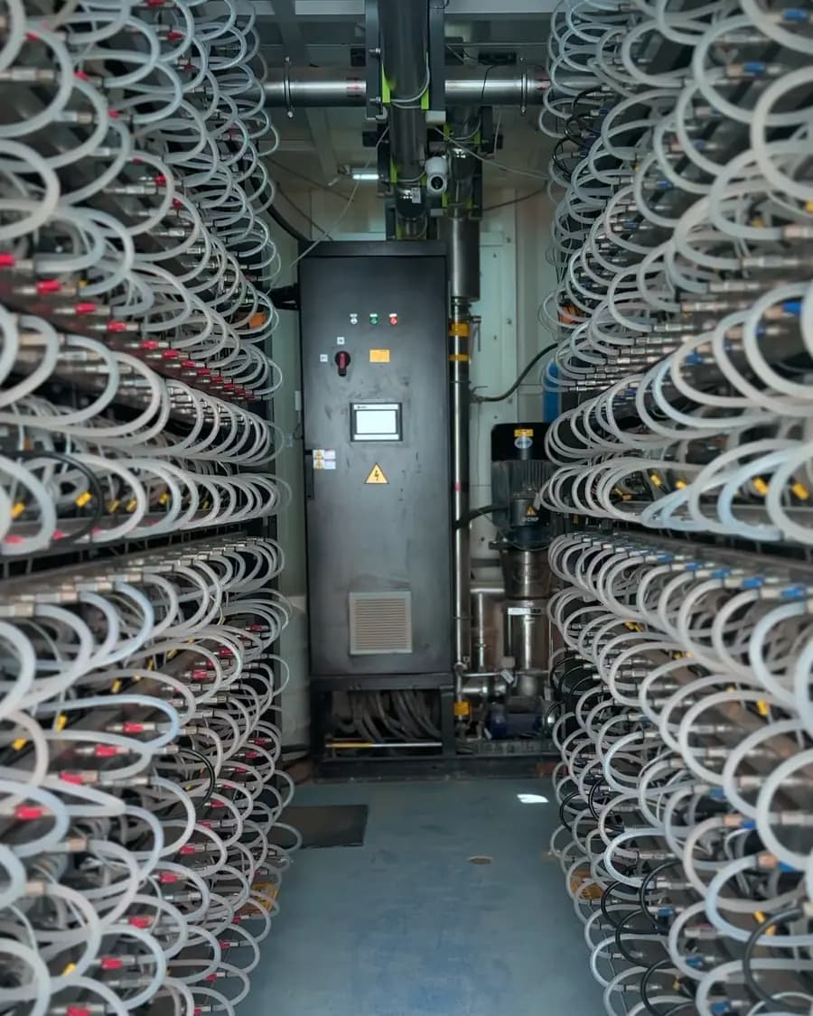 An aisle between racks of air-cooled Bitcoin miners
